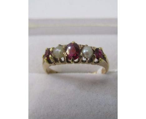 18ct YELLOW GOLD RUBY &amp; PEARL ETERNITY STYLE RING, 3 well matched rubies of good colour seperated by 2 split pearls in mu