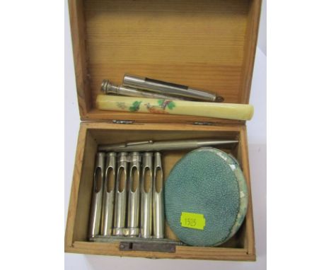 PROPELLING PENCILS, wooden floral decorated box containing small collection propelling pencils, egg timer, compact, etc 