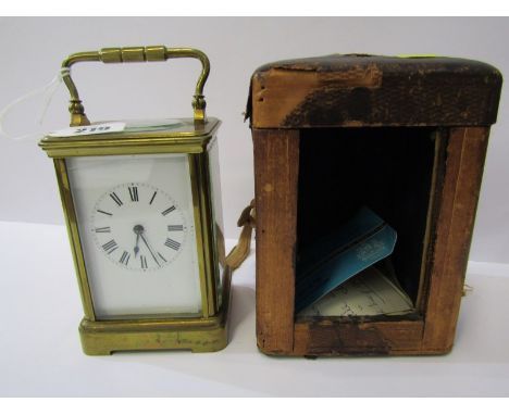 CARRIAGE CLOCK, brass cased bevelled glass carriage clock with coiled bar strike and carrying case. 5" height. 