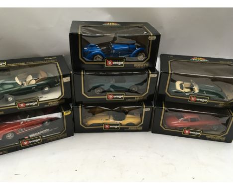 Burago, boxed 1:18 scale Diecast vehicles, including Mercedes, Porsche, Jaguar, Lancia etc x7