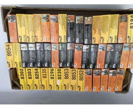 A box of sealed HAT 1:72 scale model kits , approximately x48, including Artillery, Infantry, Cavalry etc