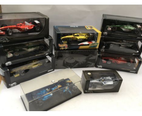 Hot wheels , 1:18 scale Formula 1 racing, boxed , including Ferrari, Jaguar, Williams etc, x10