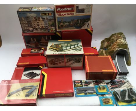 Hornby railways, OO scale, railway trackside accessories included are Station, Bridges, tunnels, level crossing, Goods shed e