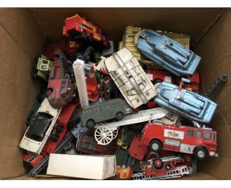 A box of playworn diecast vehicles including Dinky, Corgi, Matchbox etc