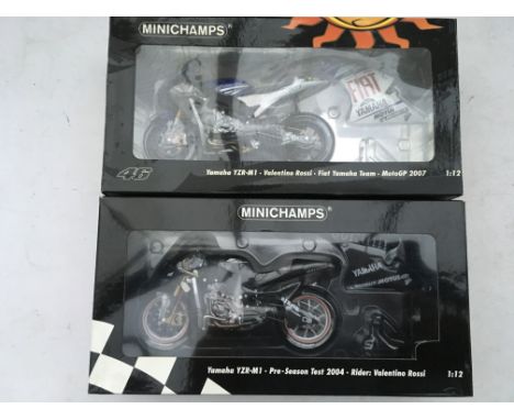 Minichamps, boxed, 1:12 scale, Valentino Rossi, Yamaha YZR-M1, pre season 2004 and Moto GP2007