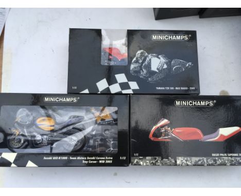 Minichamps, boxed, 1:12 scale, Yamaha YZR 500, Max Biaggi, 2000, Suzuki GSX-R 1000 , Troy Corser, 2005, Ducati 996RS, Neil Ho