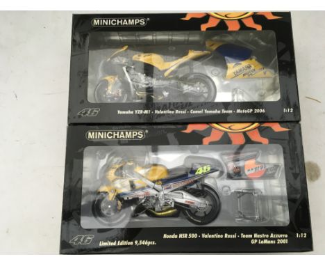 Minichamps, boxed, 1:12 scale, Valentino Rossi, Honda NSR 500, GP Le Mans 2001 and Yamaha YZR-M1 , Moto GP 2006