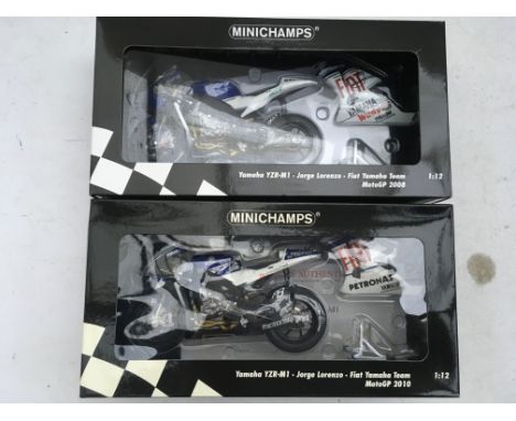 Minichamps, boxed, 1:12 scale, Jorge Lorenzo, Yamaha YZR-M1, Moto GP 2008 and 2010