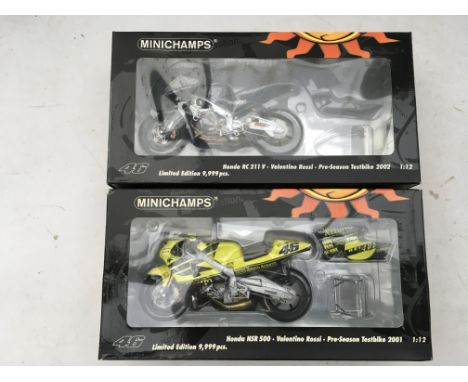 Minichamps, boxed, 1:12 scale, Valentino Rossi, Honda NSR 500, testbike 2001 and Honda RC211V test bike 2002