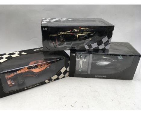 Minichamps, boxed, 1:18 scale, Formula 1 racing including verstappen in Arrows, Raikkonen in a Lotus Renault and Rosberg in a