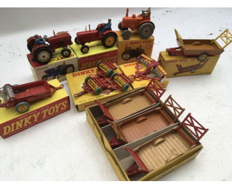 Dinky toys , reproduction boxes, vintage Diecast of tractors and farm implements , including Leyland 384 tractor #308, Massey