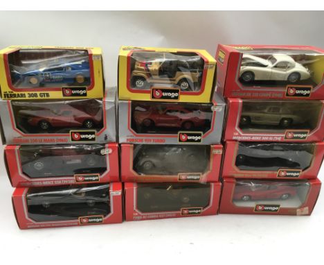 Burago, boxed Diecast vehicles, 1:24 scale, including Ferrari, Jeep, Jaguar, Porsche, Mercedes, Citroen, Bugatti, Ford