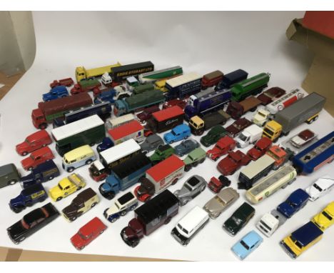 A box containing a collection of die cast vehicles including Corgi, Vanguard, Lledo, EFE etc