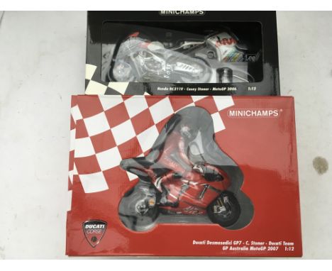 Minichamps, boxed, 1:12 scale, Casey Stoner, Honda RC211V, Moto Gp 2006 and Ducati Desmosedici GP7, Moto GP 2007
