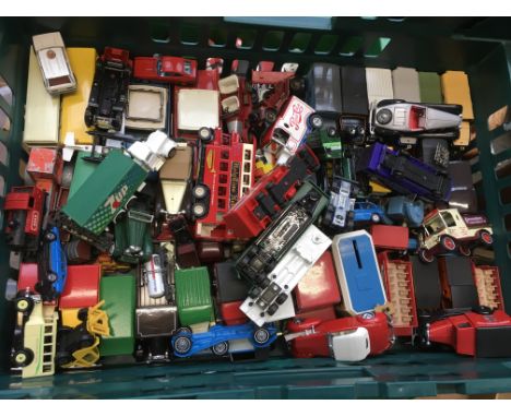 A box containing a collection of loose diecast vehicles including Matchbox, Lledo, Corgi etc