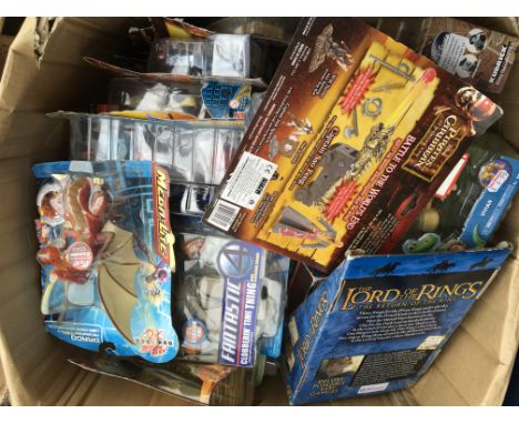 A box containing a collection of carded figures including Lord of the rings, Fantastic 4, Pirates of the caribbean etc