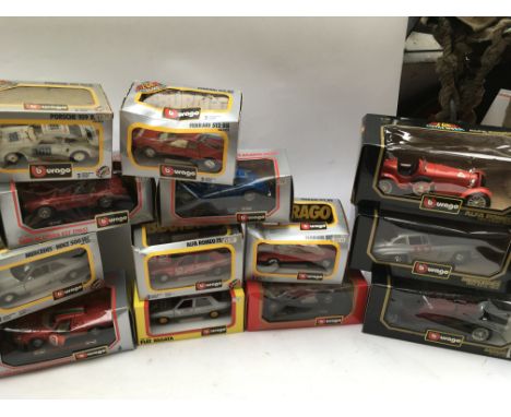 Burago, boxed Diecast vehicles, 1:18 scale, Jaguar, Mercedes and Alfa Romeo, 1:24 scale includes Porsche, Ferrari, Ford, Merc