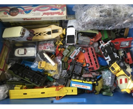 A box containing a collection of loose diecast vehicles, including Matchbox, Lledo, Corgi etc