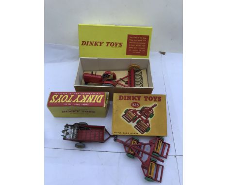 Dinky toys, reproduction boxes, including #310 farm tractor and hay rake, #323 triple gang mower and #321 a Massey Harris man