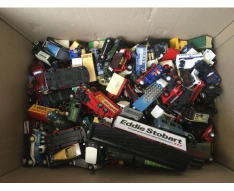 A large box containing a collection of loose diecast vehicles including Matchbox, Lledo, Corgi etc