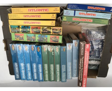 A box of boxed 1:72 scale model kits , Atlantic and Nexos, including HO scale Tanks, Greek Army, Roman cavalry and Nexos , Wa