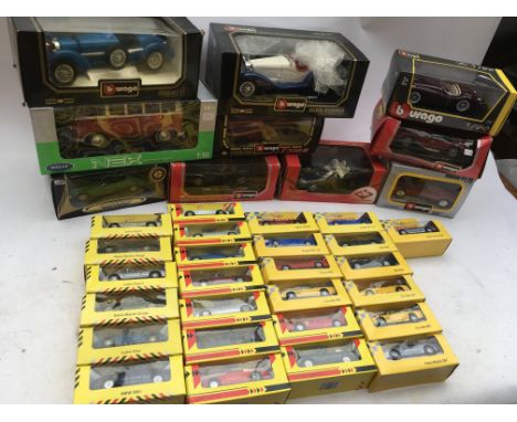 A collection of boxed Diecast vehicles including 1:18 scale Burago and Welly, 1:24 scale Burago, Guitoy etc and Maisto 1:43 s