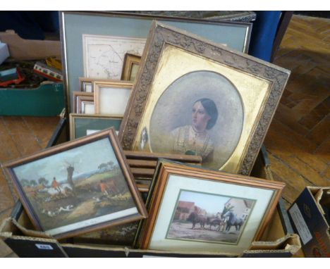 Sundry hunting prints, Oleograph portrait retouched by Alfred Corbould etc 