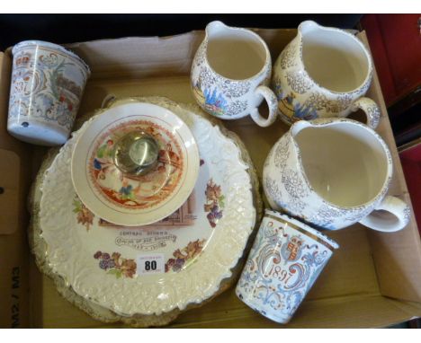 Sadler jugs, Victorian cake plate, Victorian enamel beakers, ARP badges etc 