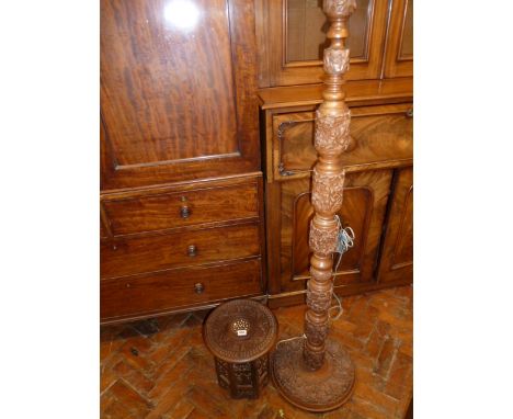 Oriental carved teak floor lamp stand and folding table (2)
