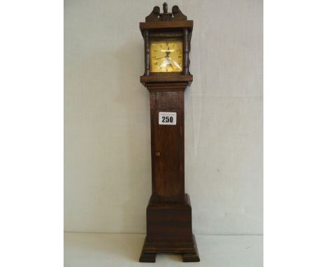 Miniature oak cased brass face long case alarm clock - Ranela, made in Germany (18") 