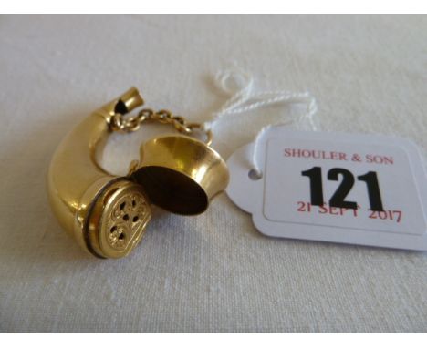 Gilt metal vinaigrette whistle in form of a hunting horn stamped to inside of lid with Vic. Lozenge Registration Mark - Samps