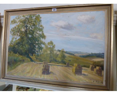 Oil on board harvest landscape - K Pask '80