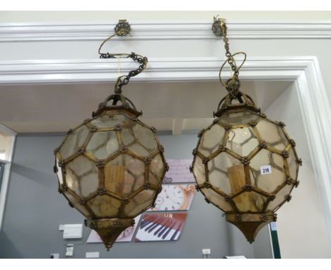 Pair 19thC gilt metal honeycomb glass globe lantern light fittings 