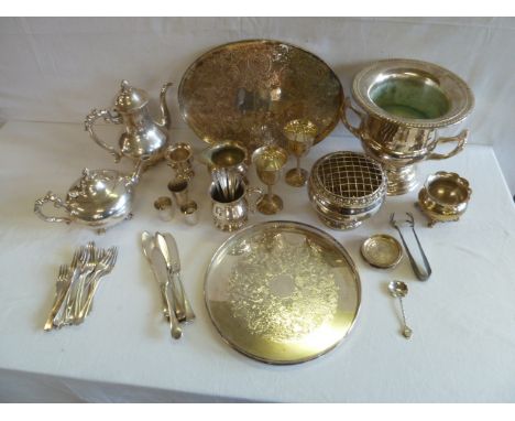 Silver plated drinks tray, tea set, champagne bucket, cutlery etc 