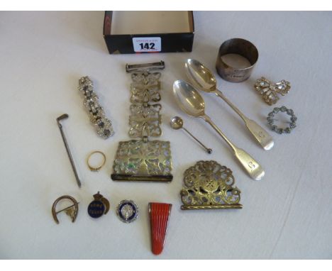 Silver teaspoons, napkin ring, 9ct gold ring, sundry brooches, buckles etc 