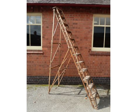 Mid 20thC Industrial wooden trellis step ladder - John Player & Sons Cleaners Dept 10 feet high 