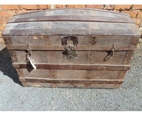 19thC Banded wooden dome top trunk