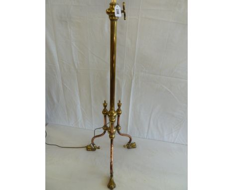 Heavy brass & copper adjustable floor lamp on tripod paw feet 