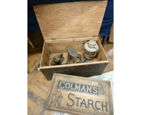 Vintage Colmans starch box, shoe lasts, door knocker