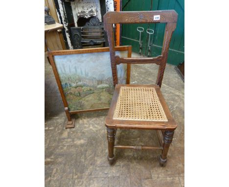 Pitch pine cane seated chair and silk firescreen (2)