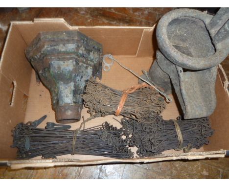 Cast iron drain hopper, pump spout, surveyors chain measure 