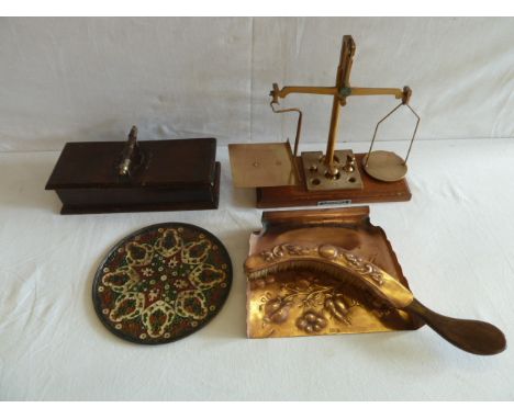 Copper crump pan and brush, Islamic enamel plate, postal scales etc 