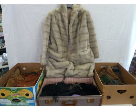 Vintage suitcase, faux fur coat, vintage clothing leather handbags, belts etc 