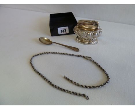 Silver chain, teaspoon and Ronson plated table lighter (3)