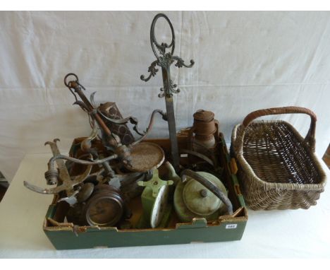 Enamel tea pot, waymaster scales, paraffin lamp etc, 