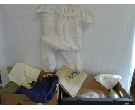Linen and lace, Victorian linen crotchless bloomers & camisole c1830s, curtains etc (2 boxes)