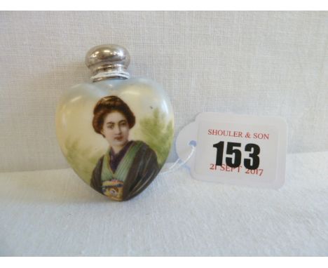 Heart shaped silver top porcelain scent bottle painted with portrait of Japanese Girl - Birmingham 1904