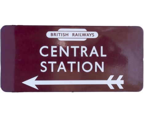BR(M) FF enamel station direction sign CENTRAL STATION with left facing arrow and British Railways totem. From probably Manch