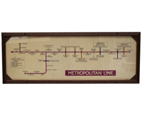 METROPOLITAN LINE Railway Carriage Panel Line Diagram. Shows the line from Aldgate, Liverpool Street to Watford, Aylesbury an