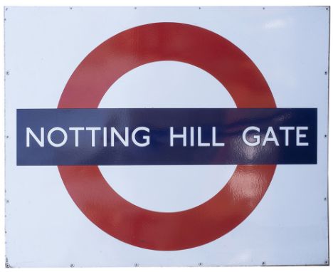 London Transport enamel station target bullseye sign NOTTING HILL GATE. In very good condition measures 48in x 60in.